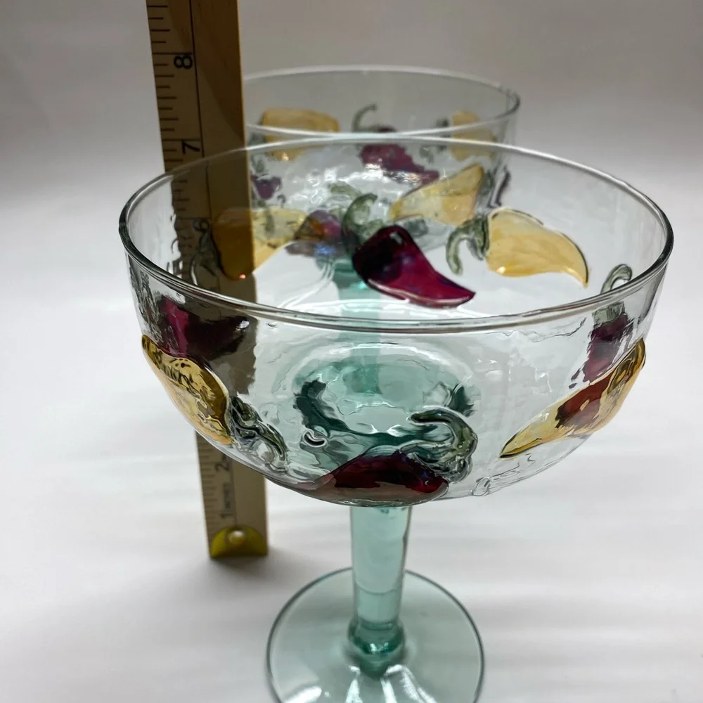 Artisanal Hand Blown Mexican Margarita Glasses Chili Pepper Motif Vintage ‘90s